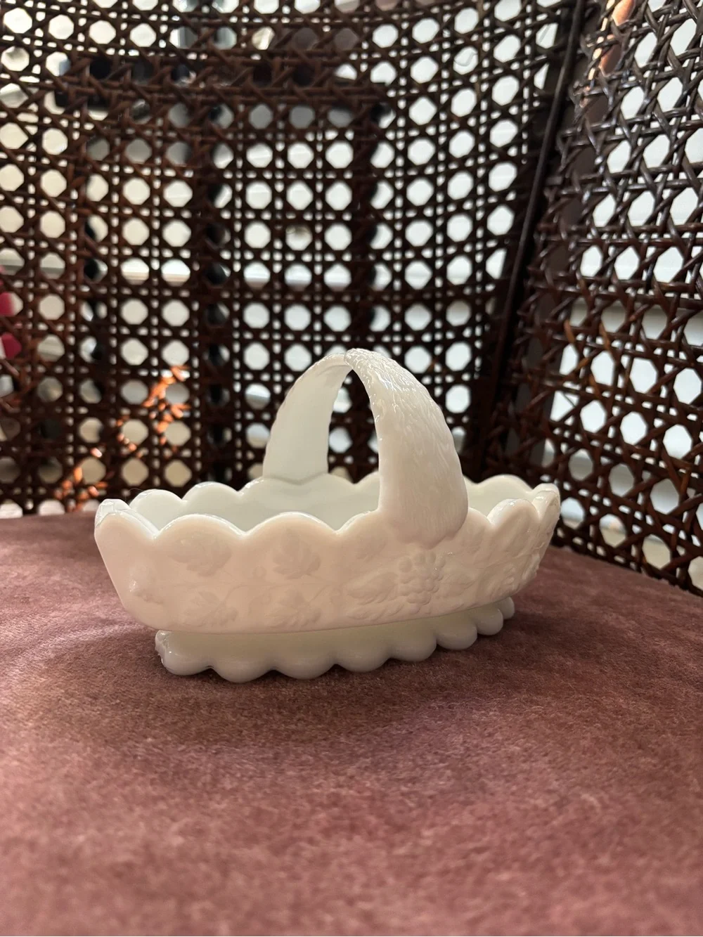 Westmoreland White Milk Glass Scalloped Basket in Paneled Grape Pattern
